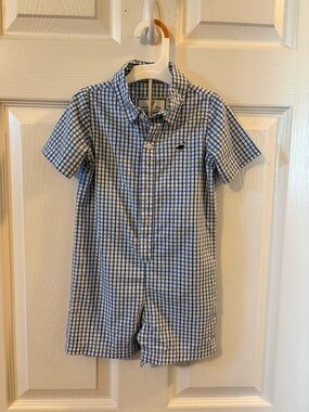 Toddler Button-Front Gingham Shortall in Blue and White
